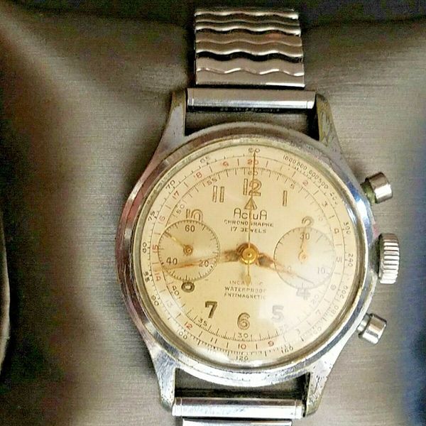Montre Bracelet Chronographe Vintage ACTUA GENÈVE - Années 50 - Mouvement Mécanique Suisse Landeron 17 Rubis - Cadran Doré Céleste