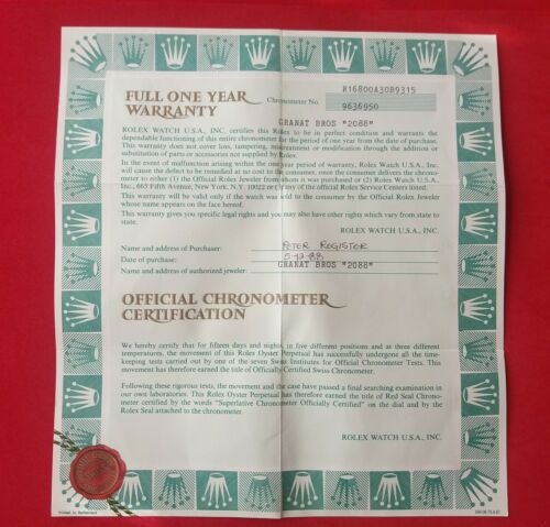 ROLEX 16800 Submariner Guarantee Warranty Certificate Holder 1980s