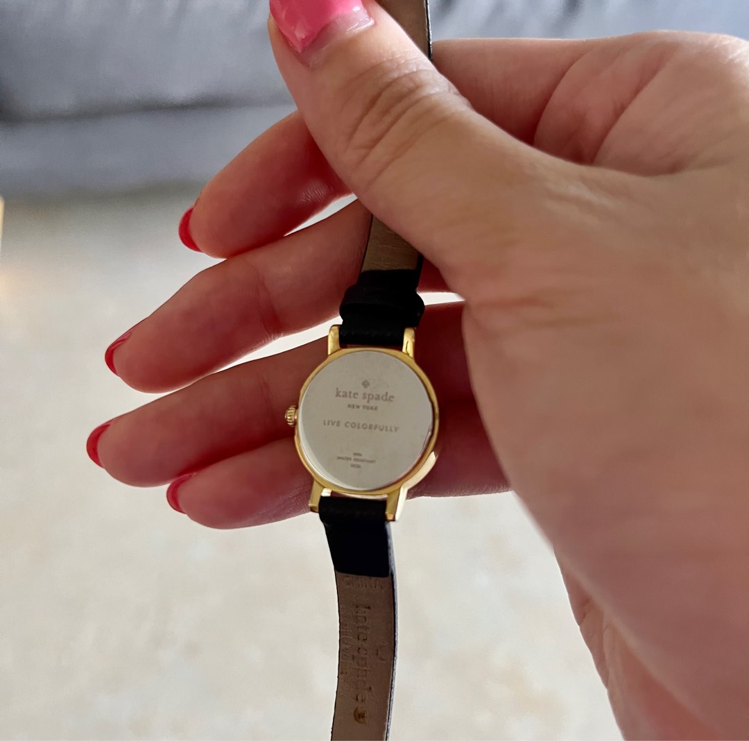 Kate Spade Tiny Metro Gold Frame Rim Watch with Black Leather