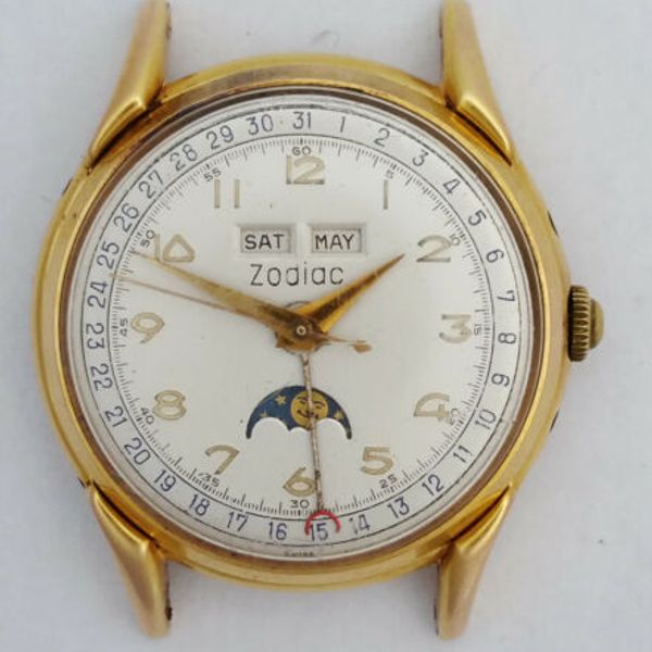 Vintage Zodiac Triple Date Calendar Moonphase 35mm 1202 Mens Wrist