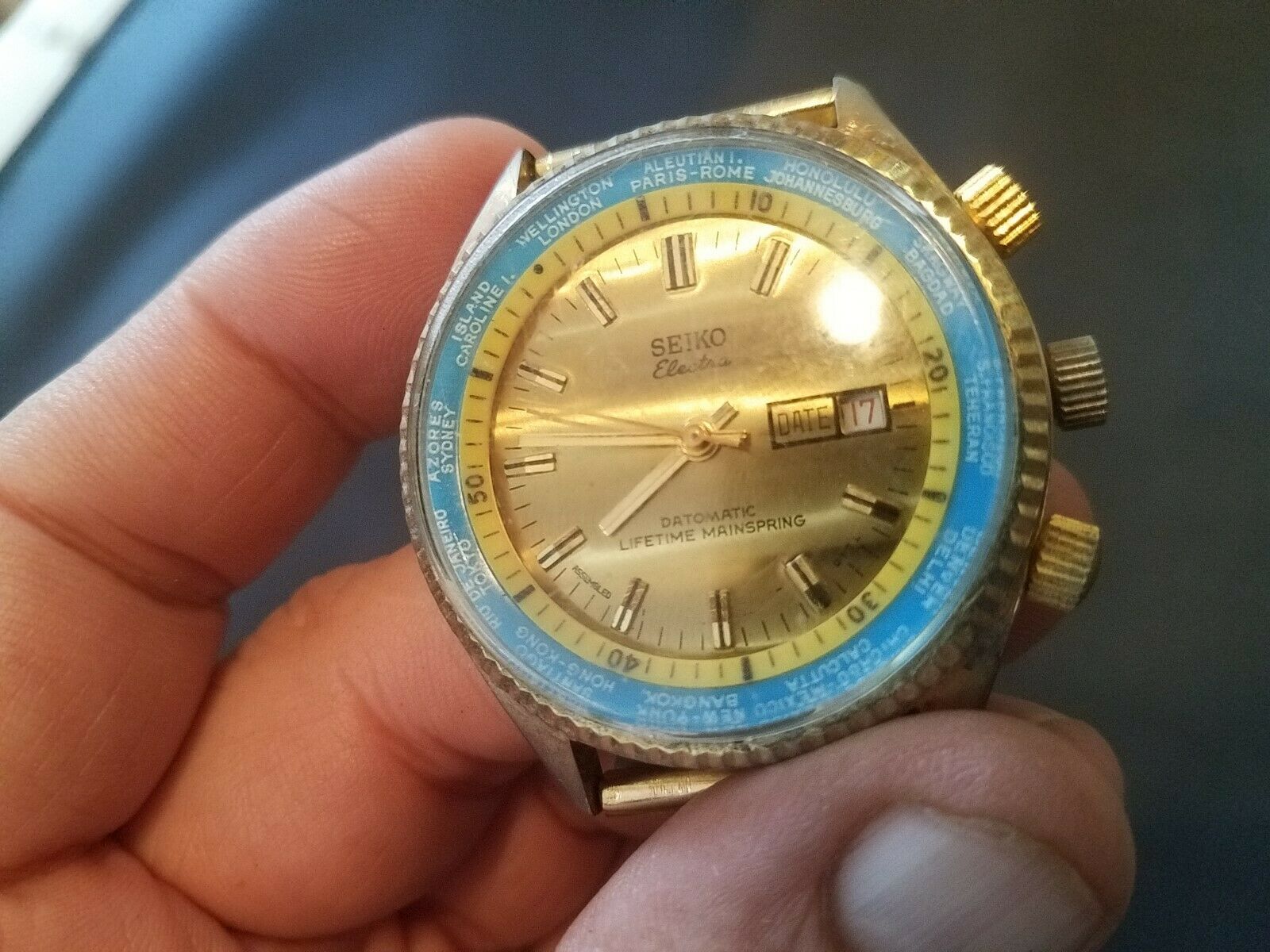 Men s Seiko Electra Datomatic Lifetime Mainspring World Time Gold