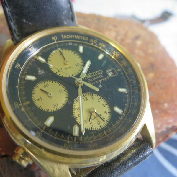 Seiko 7T32 7B3B Chronograph Black Dial Gold Tone Quartz Men's