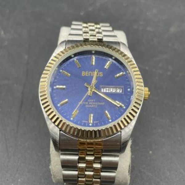 Benrus Mens Watch 36mm Blue Dial Day Date Gold Bezel Two Tone New Battery 7.75\