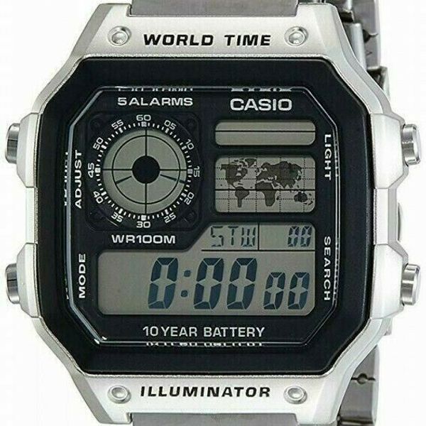 Casio Men's Digital 100m LED World Time Stainless Steel Watch AE1200WHD