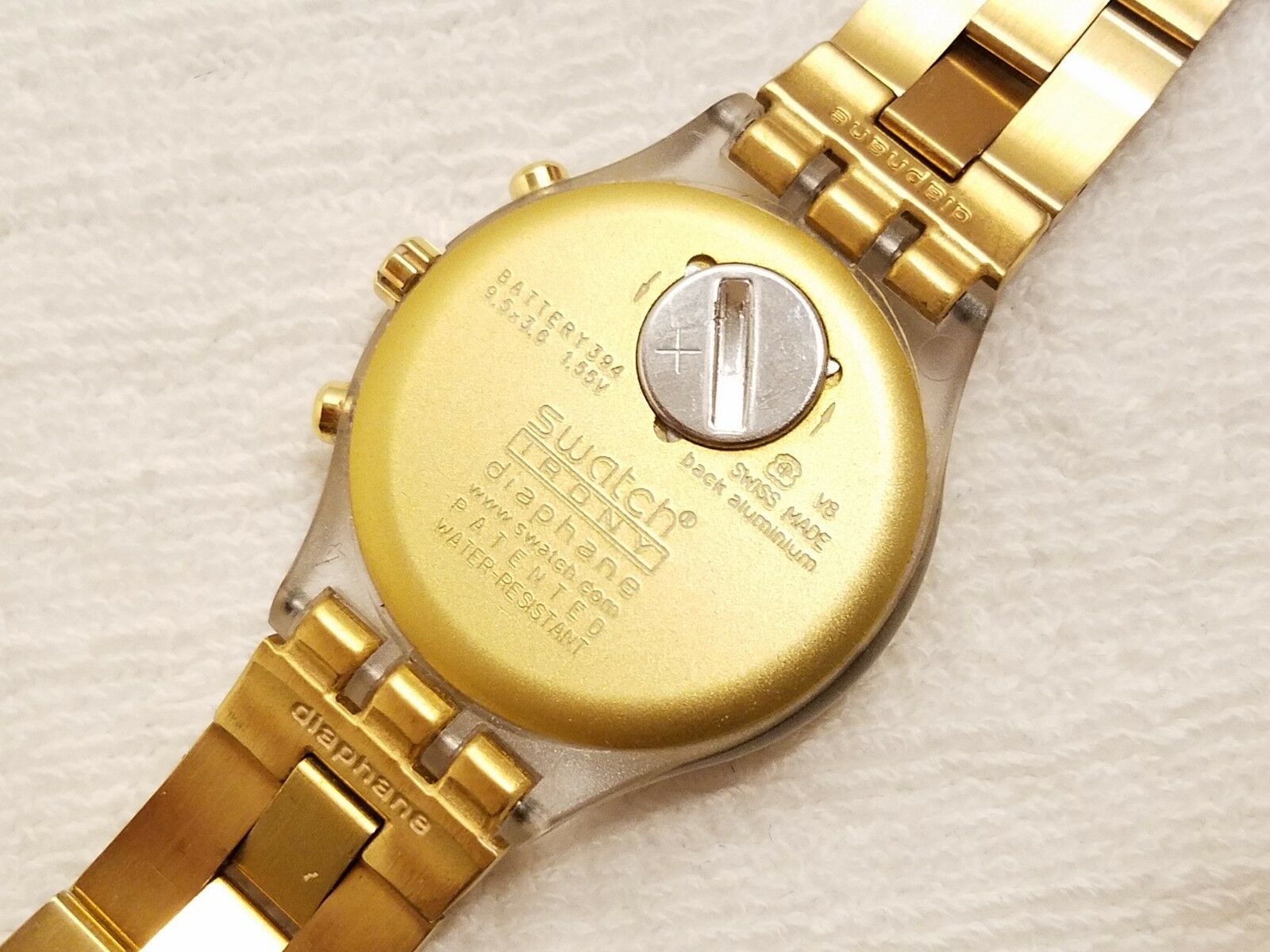 Swatch Gold Tone IRONY DIAPHANE Crystal Chronograph Swiss selling WatchAG2005 850