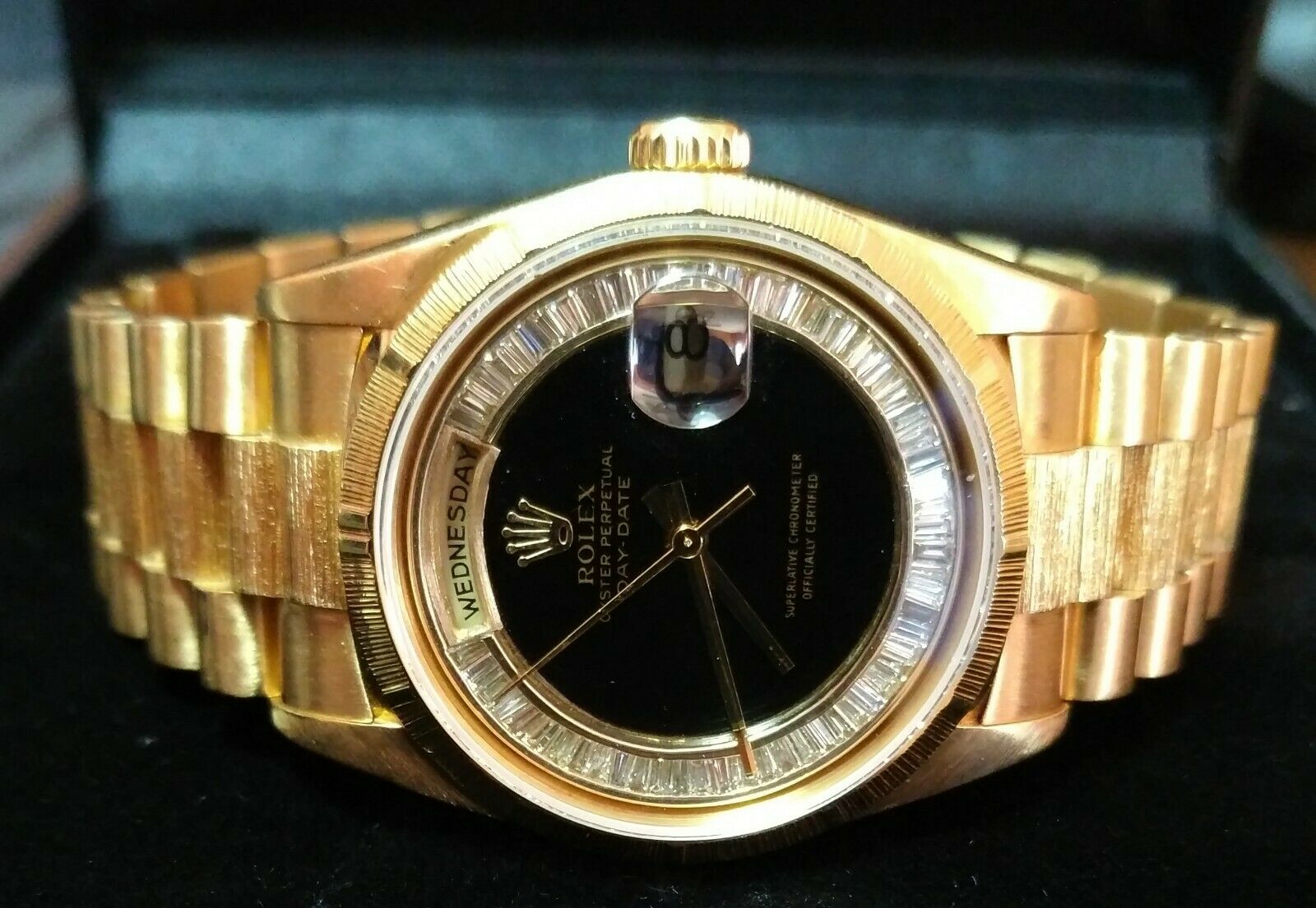 Mint! 18K ROLEX 'Bark Finish' DAY-DATE 2ct VS Diamond Onyx Dial - box ...