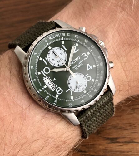 Seiko 7T94-0AH0 Men's Green Military Chrongraph Watch - New