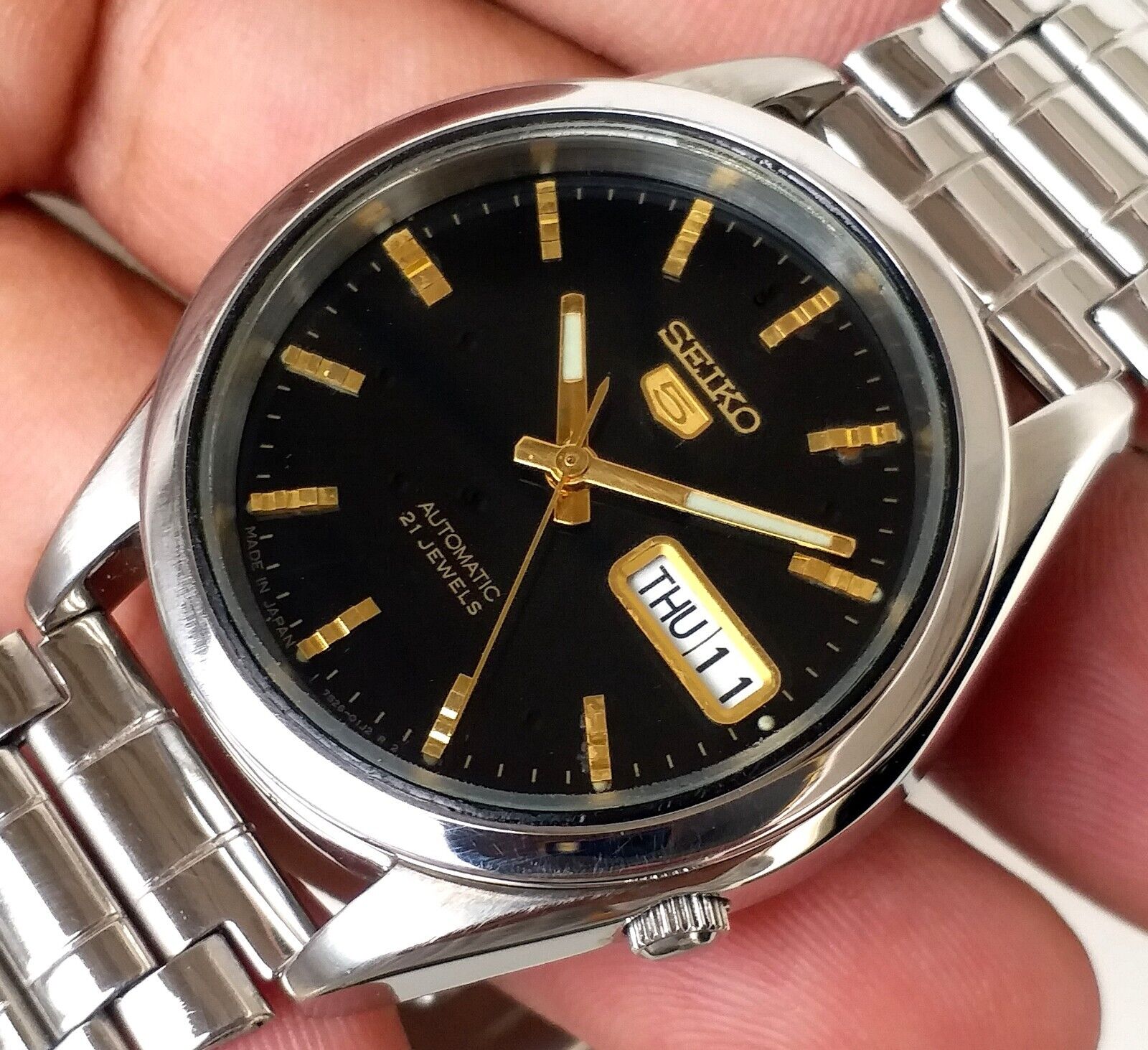 Seiko 5 Automatic Day Date Black Designer Dial See Through Men s