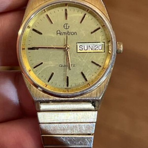 Vintage Armitron Watch Men Gold Tone Day Date Stretch Band New Battery