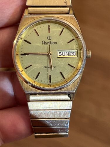 Vintage Armitron Watch Men Gold Tone Day Date Stretch Band New Battery WatchCharts Marketplace