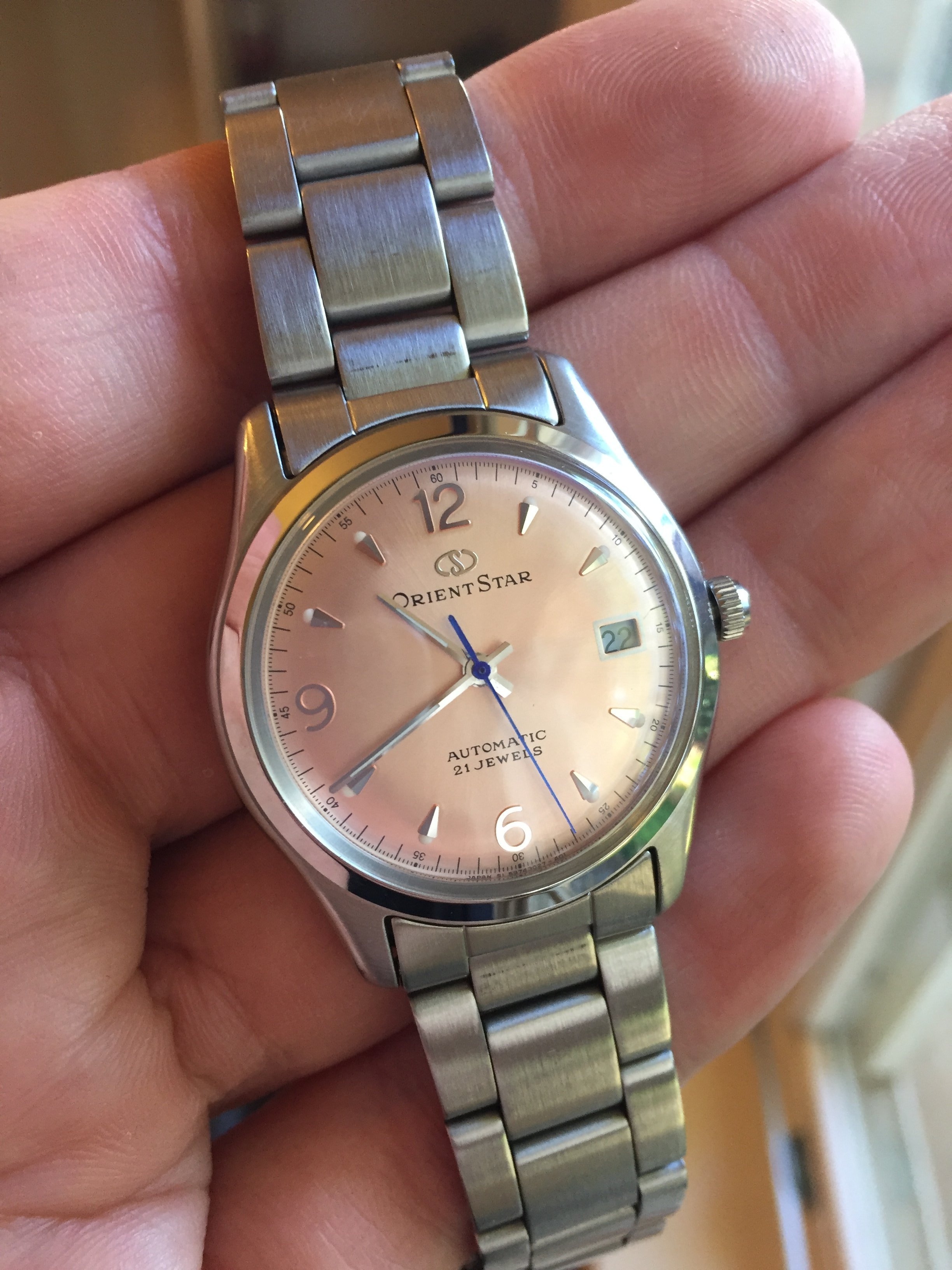 280 USD] Orient Star ExplOrient SALMON dial with BLUE seconds hand