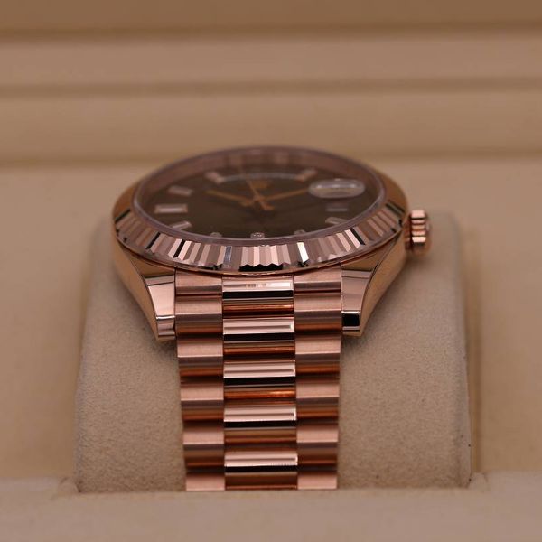 Rolex Day Date 40 Rose Gold Chocolate Baguette Diamond Dial 228235 2023 Box And Paper