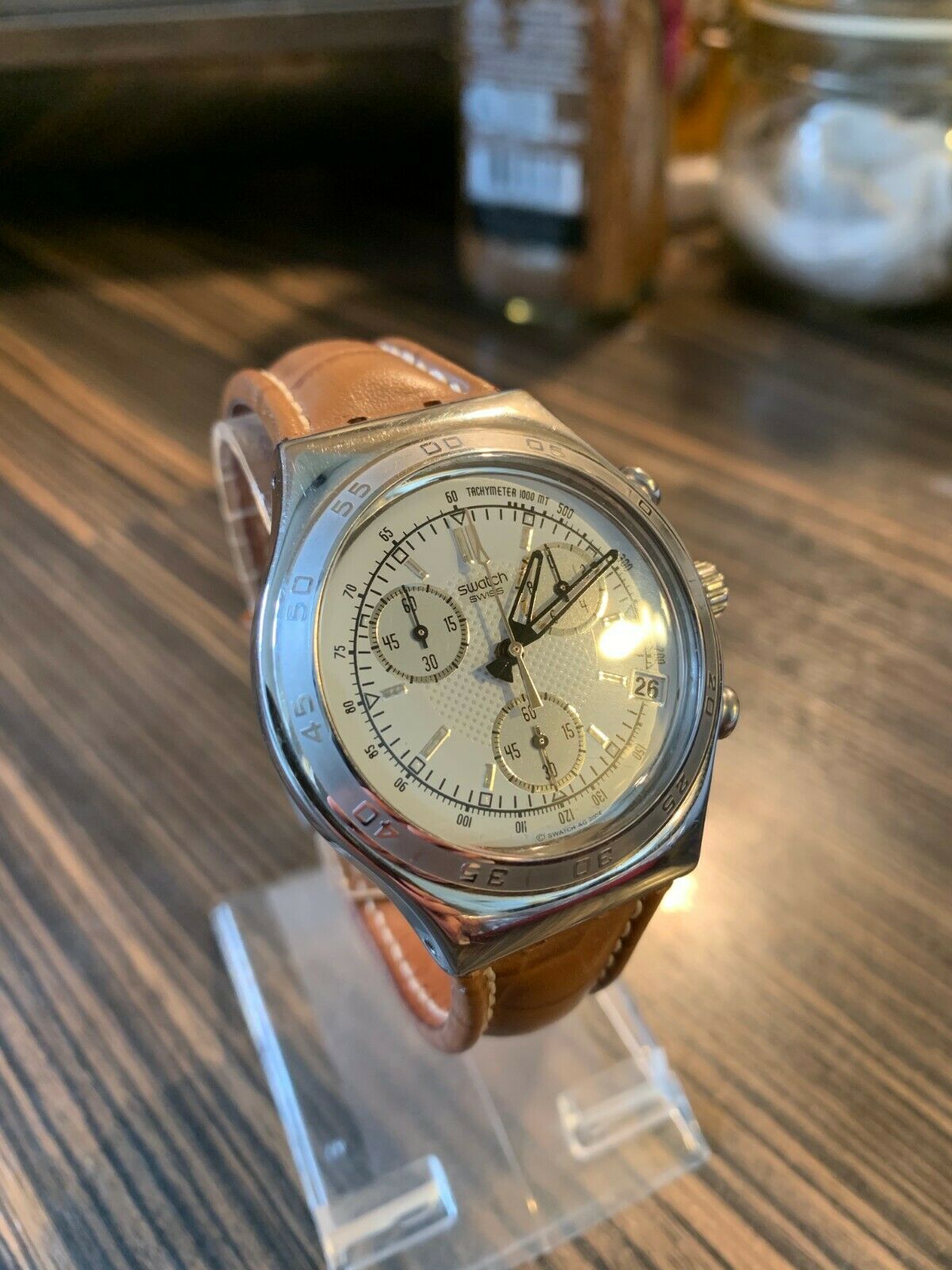 SWATCH IRONY CHRONOGRAPH TACHYMETER LEATHER STRAP YCS457 
