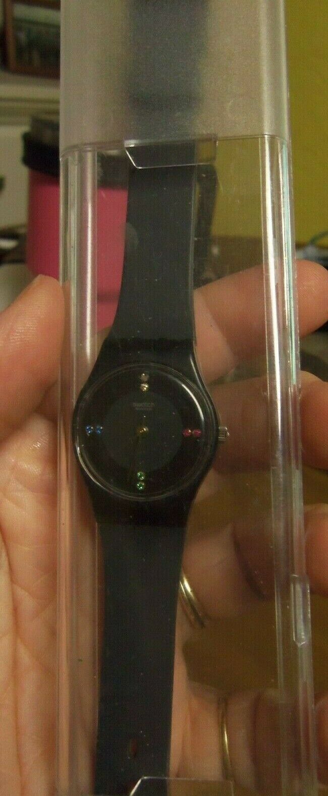 Vintage 80s Swatch Watch 755 Black with Bling Stones in Original 