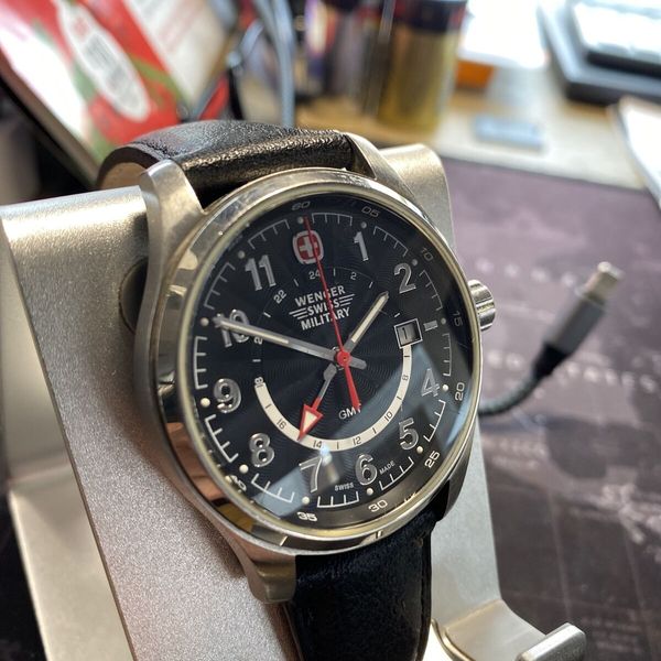 wenger swiss military army GMT field watch stainless steel leather