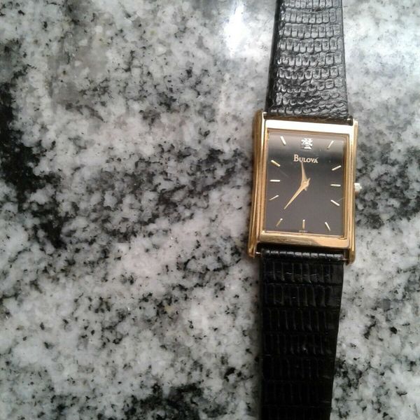 Mens Bulova Quartz T4 Gold Tone Wrist Watch Black Dial W/Battery Pre ...