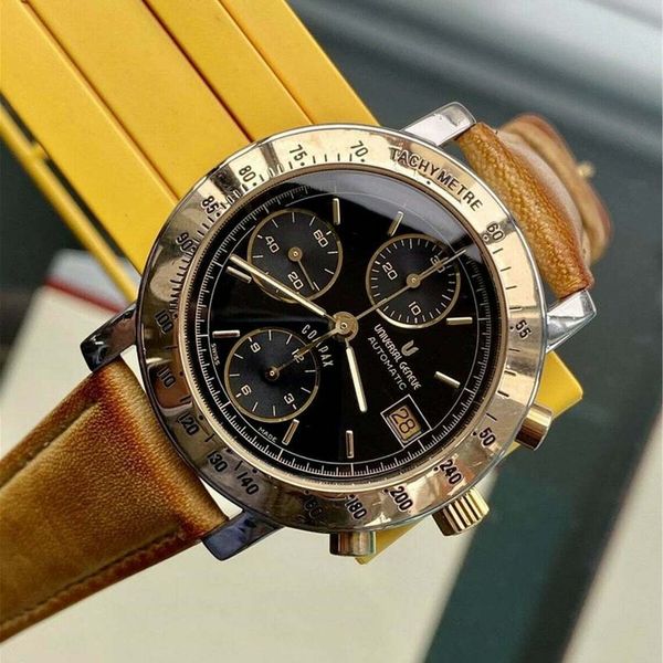 Universal Geneve Compax Chronograph Automatic Black Dial Gold Steel
