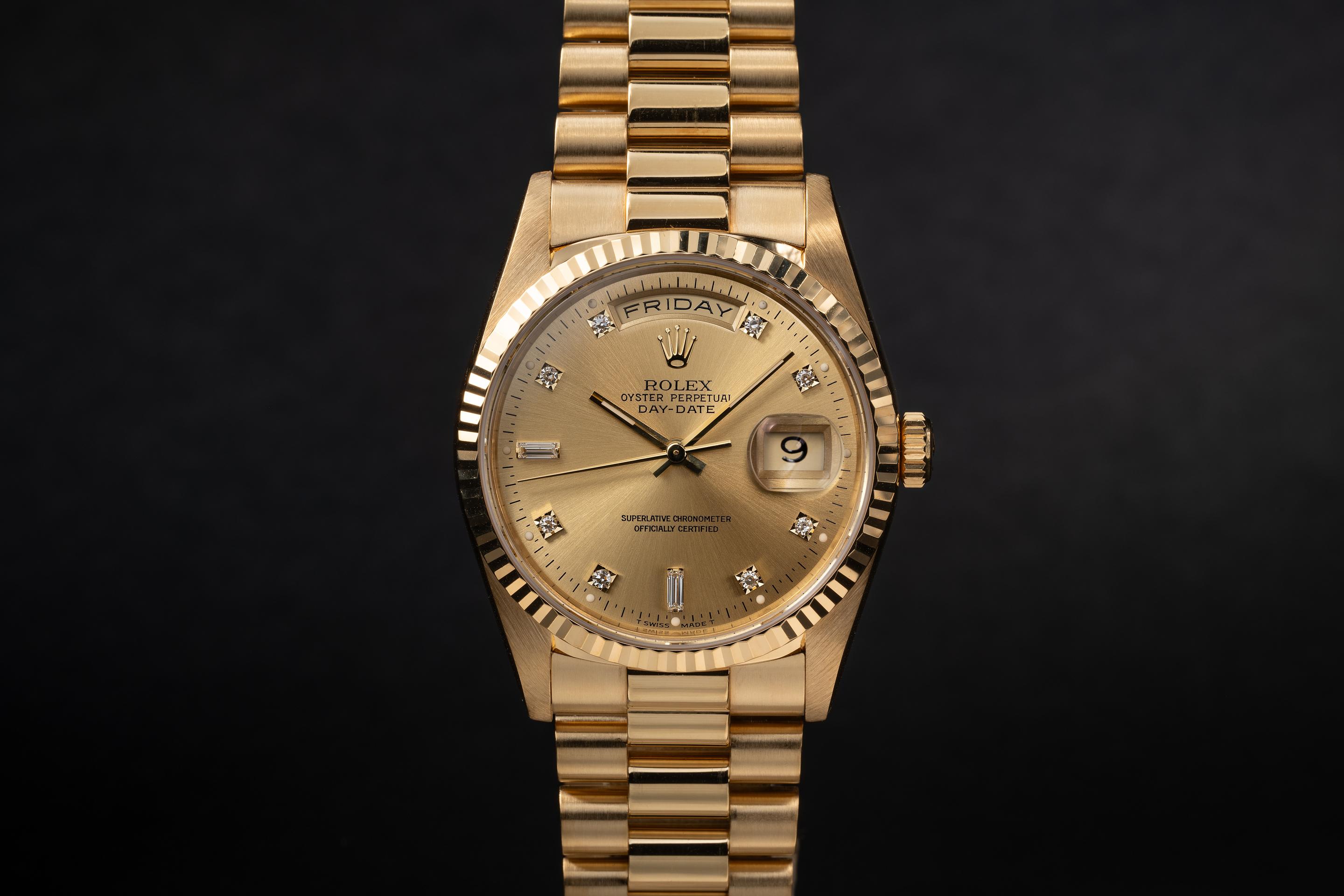 FS 1994 Rolex 18K YG Day Date 18238 Champagne Diamond Dial