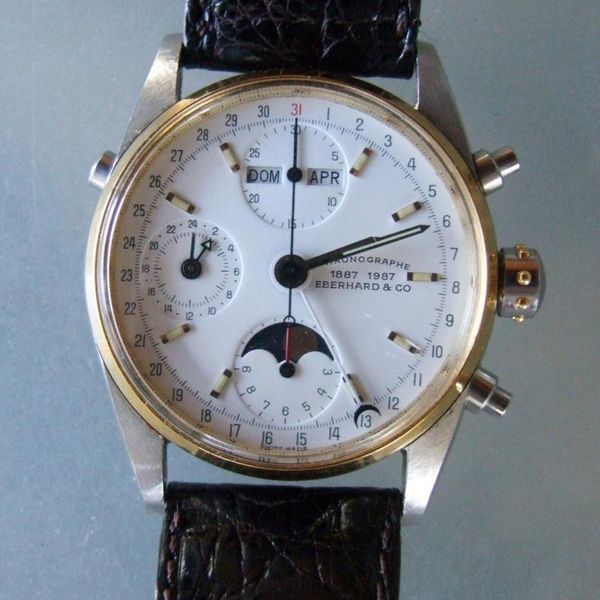 Eberhard and co. Triple date moonphase chronograph white dial watch ...