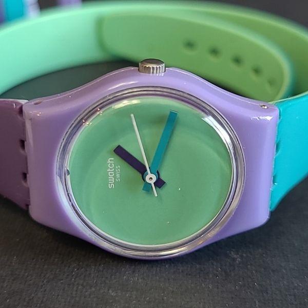 Dynamic Direct Watch Fun Swatch Fun In Blue/Green Dial Blue & Purple Silicone Double Wrap Watch ...