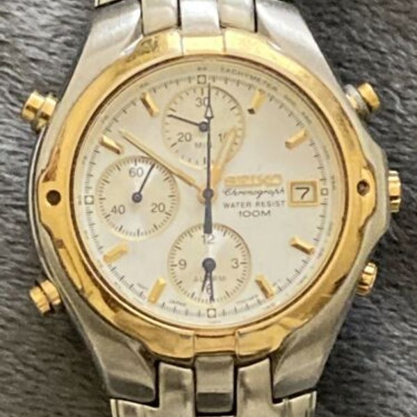 SEIKO Alarm Chronograph Mens 7T32 6M90 Watch Two-Tone 