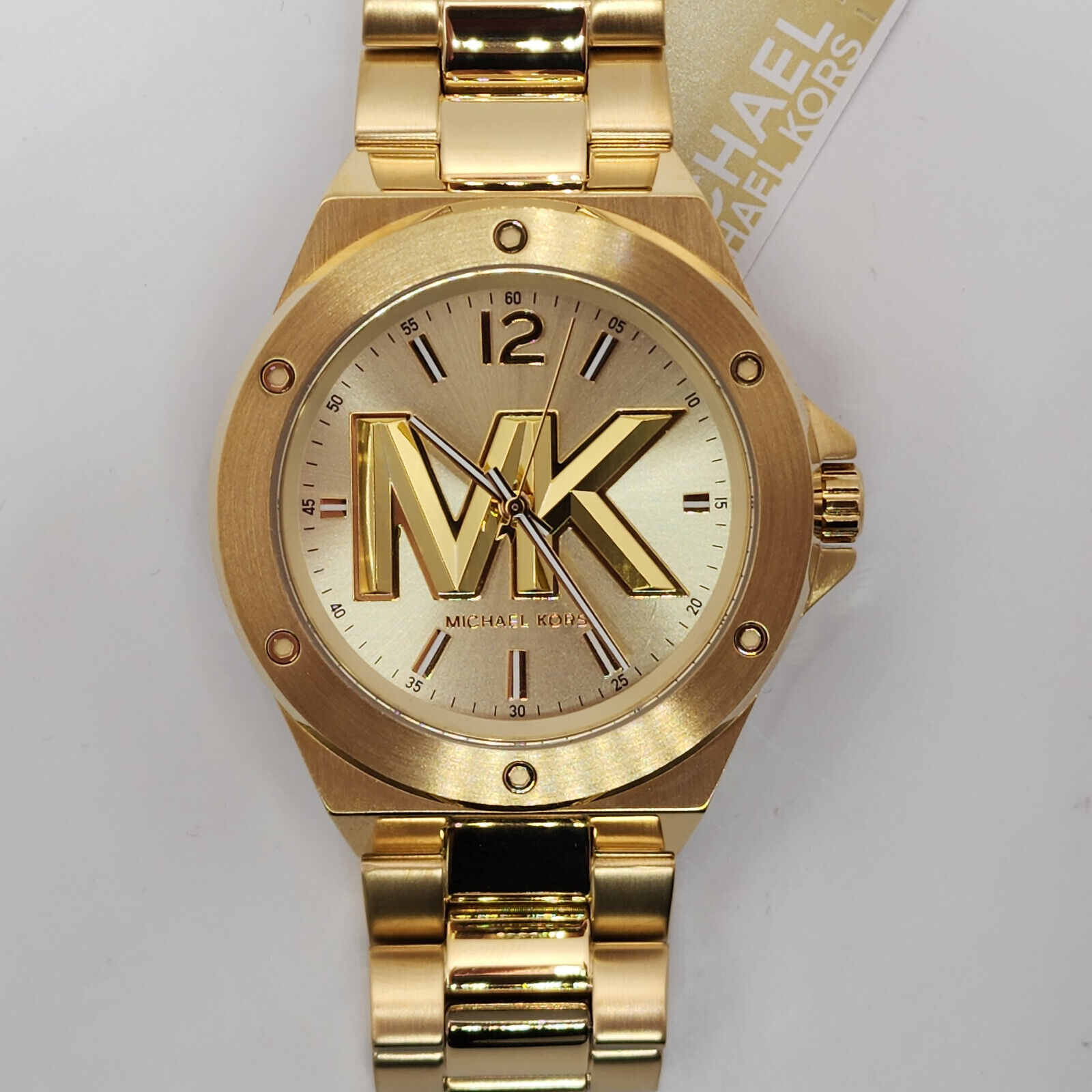 NEW MICHAEL KORS MEN'S WATCH LENNOX THREE-HAND GOL-TONE STAINLESS