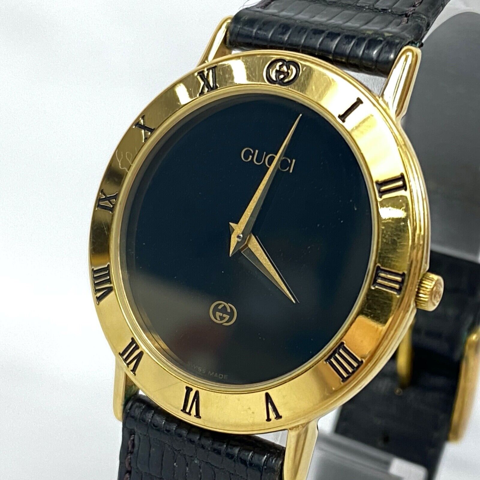 GUCCI 3000M Black Gold Roman Numerals Swiss Quartz Mens