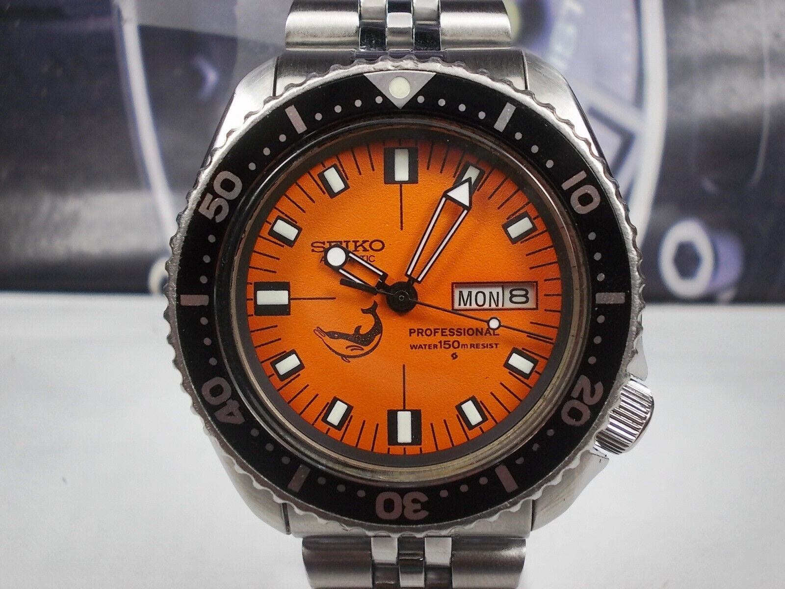 超レア★ブラニフ 航空★古いブリキ＆プラ製／フリクション★日本製★used SEIKO 150M DAY/DATE AUTO MENS WATCH 6309-7290 'ORANGE DOLPHIN' (SN