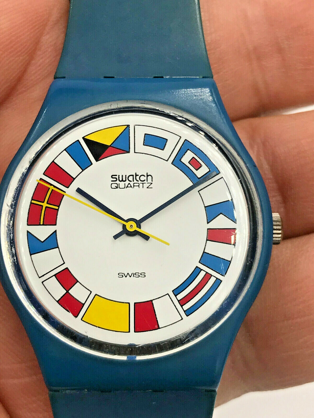 Swatch Watch GS101 Nautical 12 Flags Blue 1984 Working Extremely