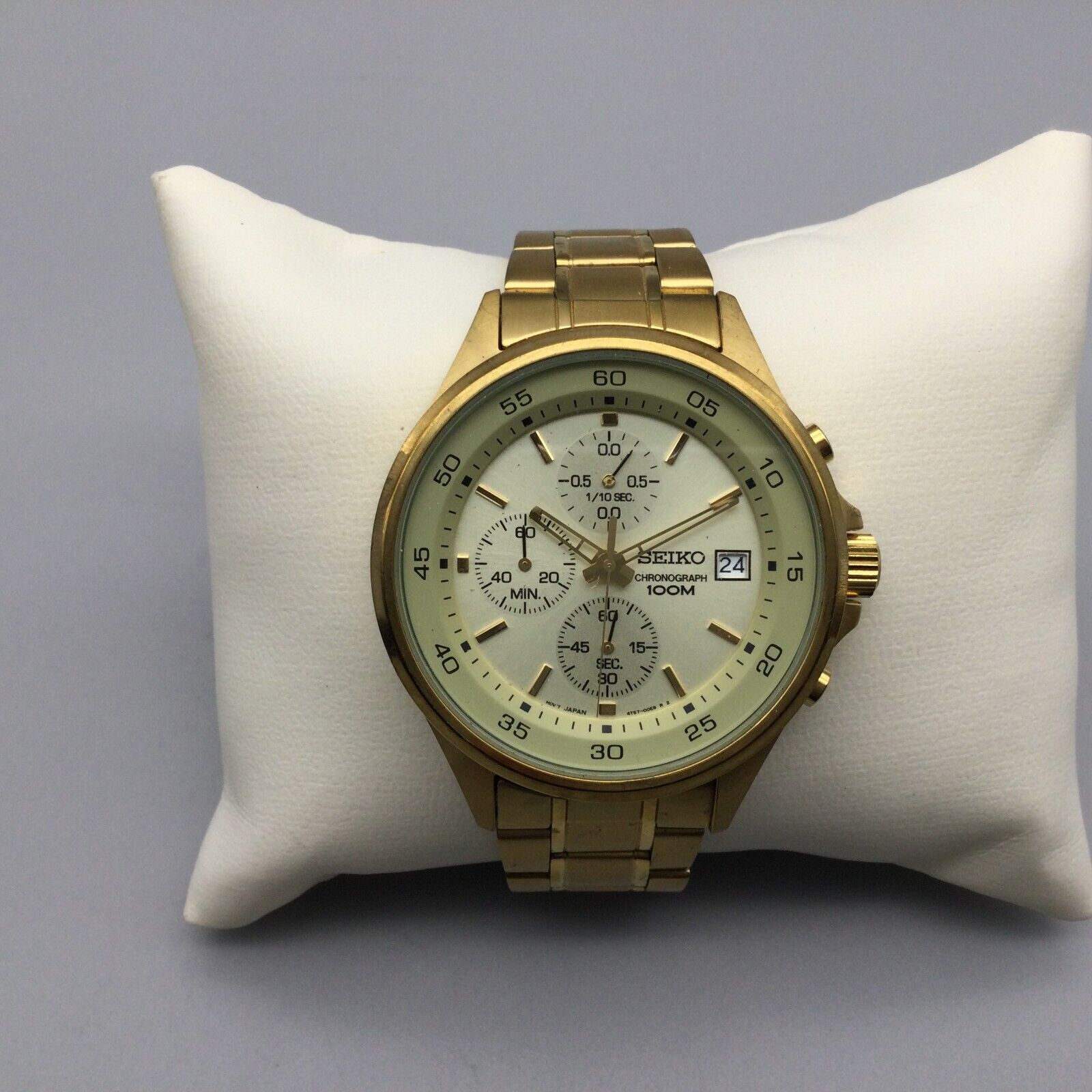 Seiko Chronograph Watch Men Gold Tone 4T57 00E0 Date 100M New