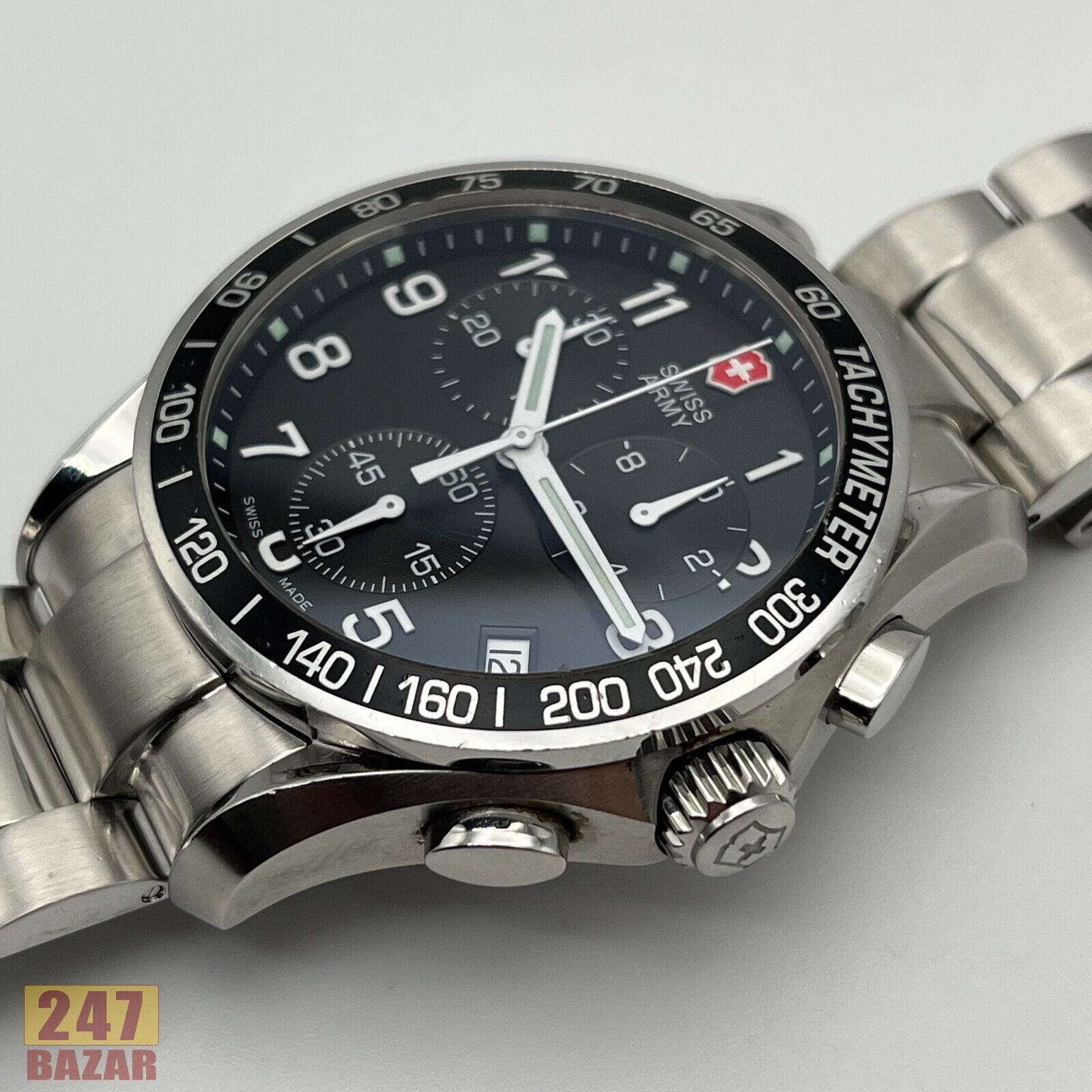 Victorinox SWISS ARMY Quartz 241122 Black Dial Date Chrono SS  