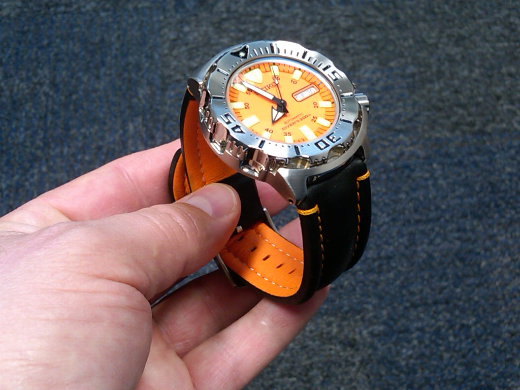 Weeks old - Seiko ORANGE Monster SKX781 on SPECTACULAR LumiNOX Orange  leather ONE OF A KIND | WatchCharts