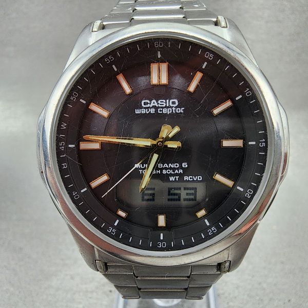 Casio Wave Ceptor Watch Men 42mm Black Dial Steel Solar Analog Digital ...