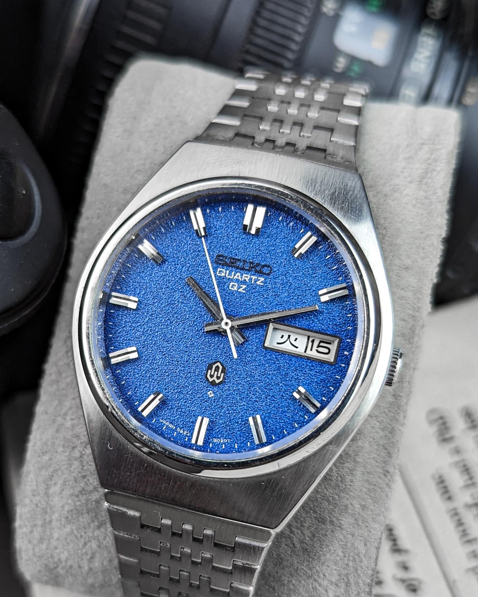 希少デッドストック SEIKO セイコー QZ 0923-8020 青梨地文字盤 WTS] 1974 Seiko Quartz QZ 0923-8020 Blue Sand Dial withbm Kanji