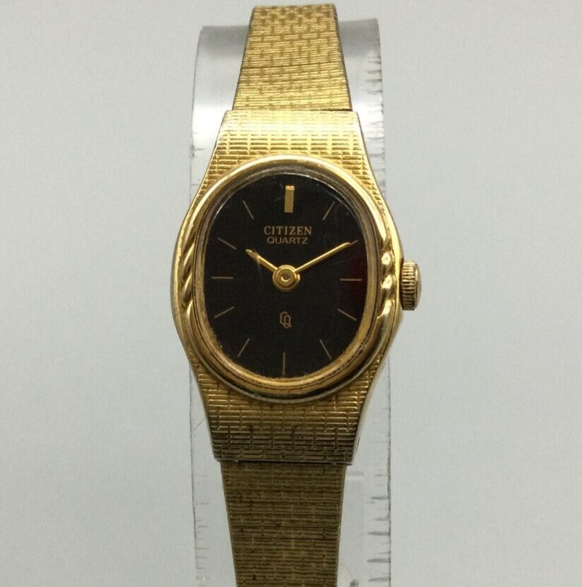Vintage Citizen Quartz Watch Women Gold Tone Oval Black Dial  display picture 1
