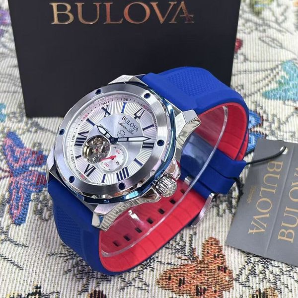 Bulova Marine Star Automatic 98A225 Men's Watch White Dial Red/Blue ...