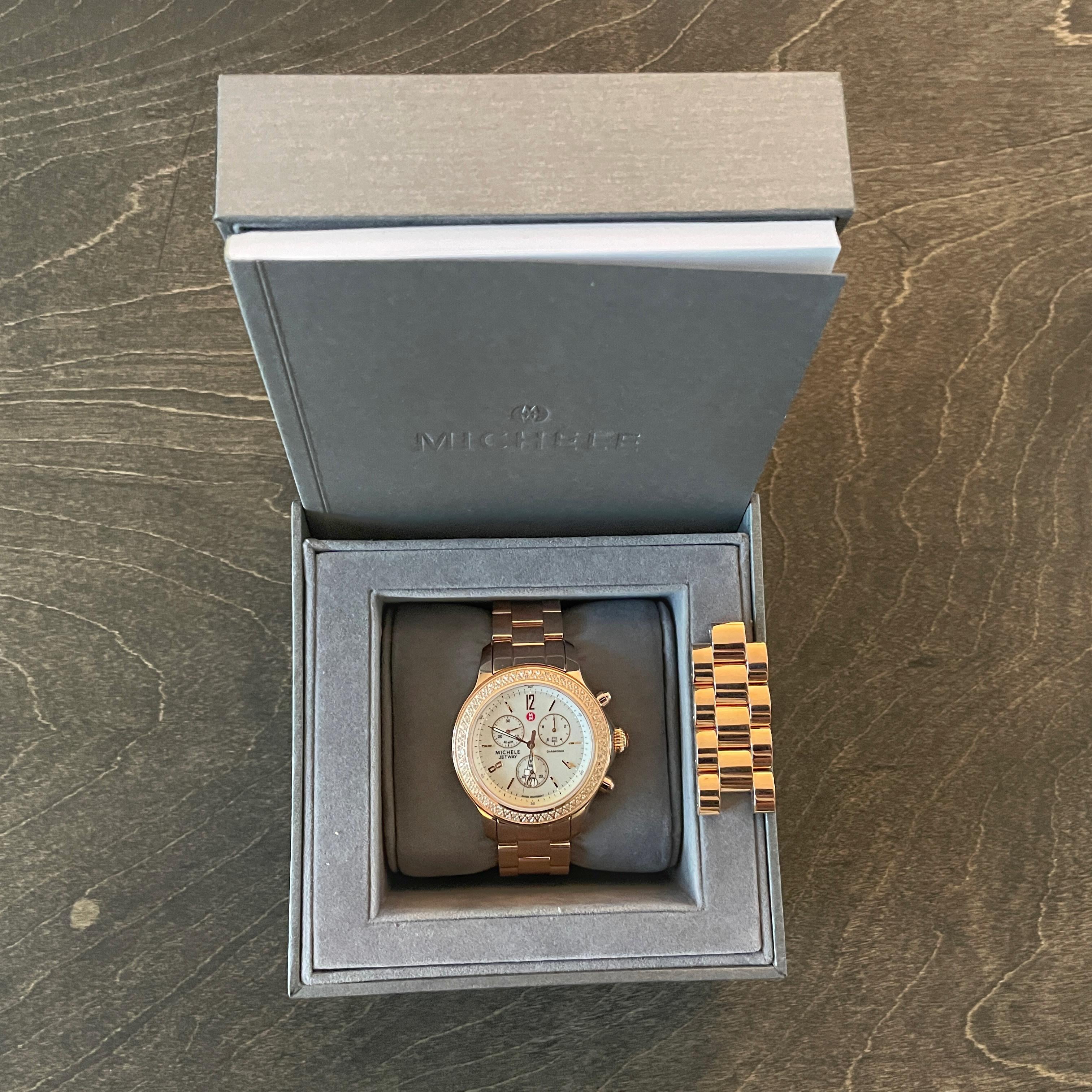 WTS Michele Jetway Rose Gold Diamond Bezel 39mm Chronograph