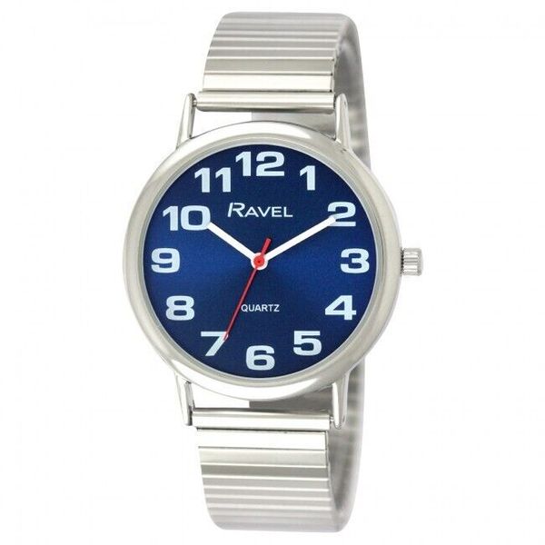 Mens SILVER Watch Expandable elasticated Strap Easy Read Silver Blue Face WatchCharts