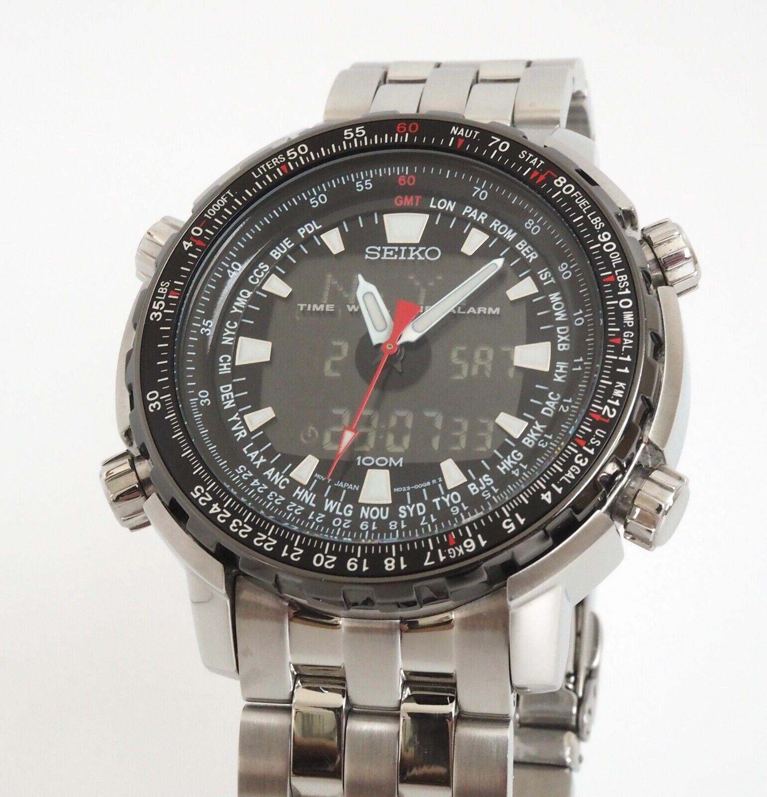 Seiko H023 00G0 GMT World Time Flight Analog Digital Chronograph