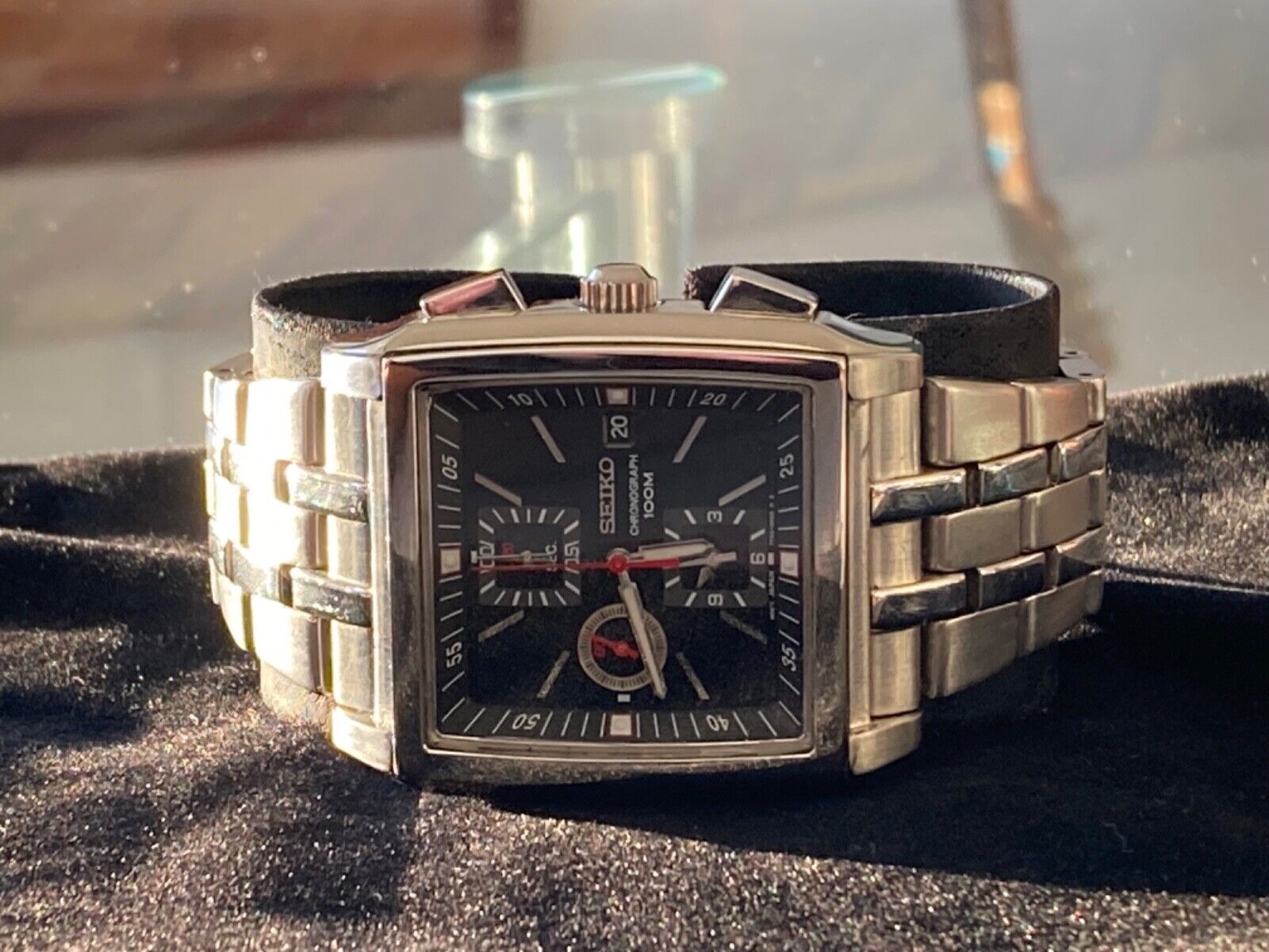 monako＊ Near MINT] SEIKO 7T92-0BF0 Chronograph Black Dial 100m