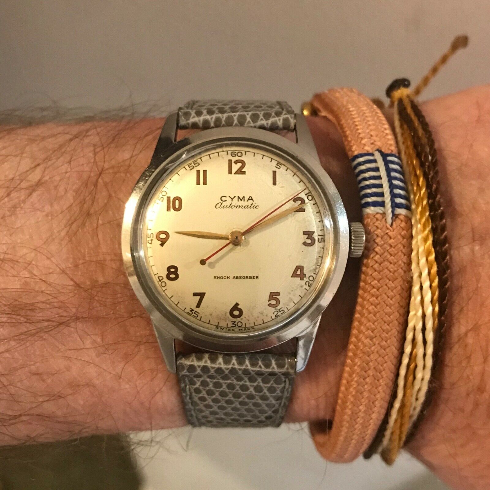 N*M様 ビンテージ CYMA（シーマ）SHOCK-ABSORBER 手巻き 腕 Stunning vintage 1940's Cyma automatic shock absorber gilt dial