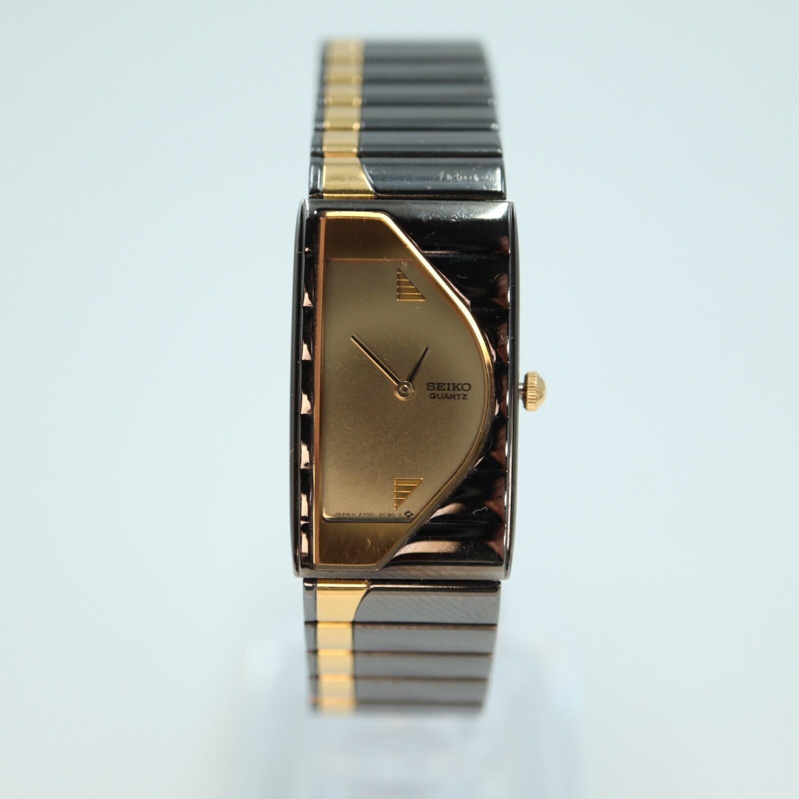 Vintage Seiko Women Watch Gold Tone Black Wave Half Moon