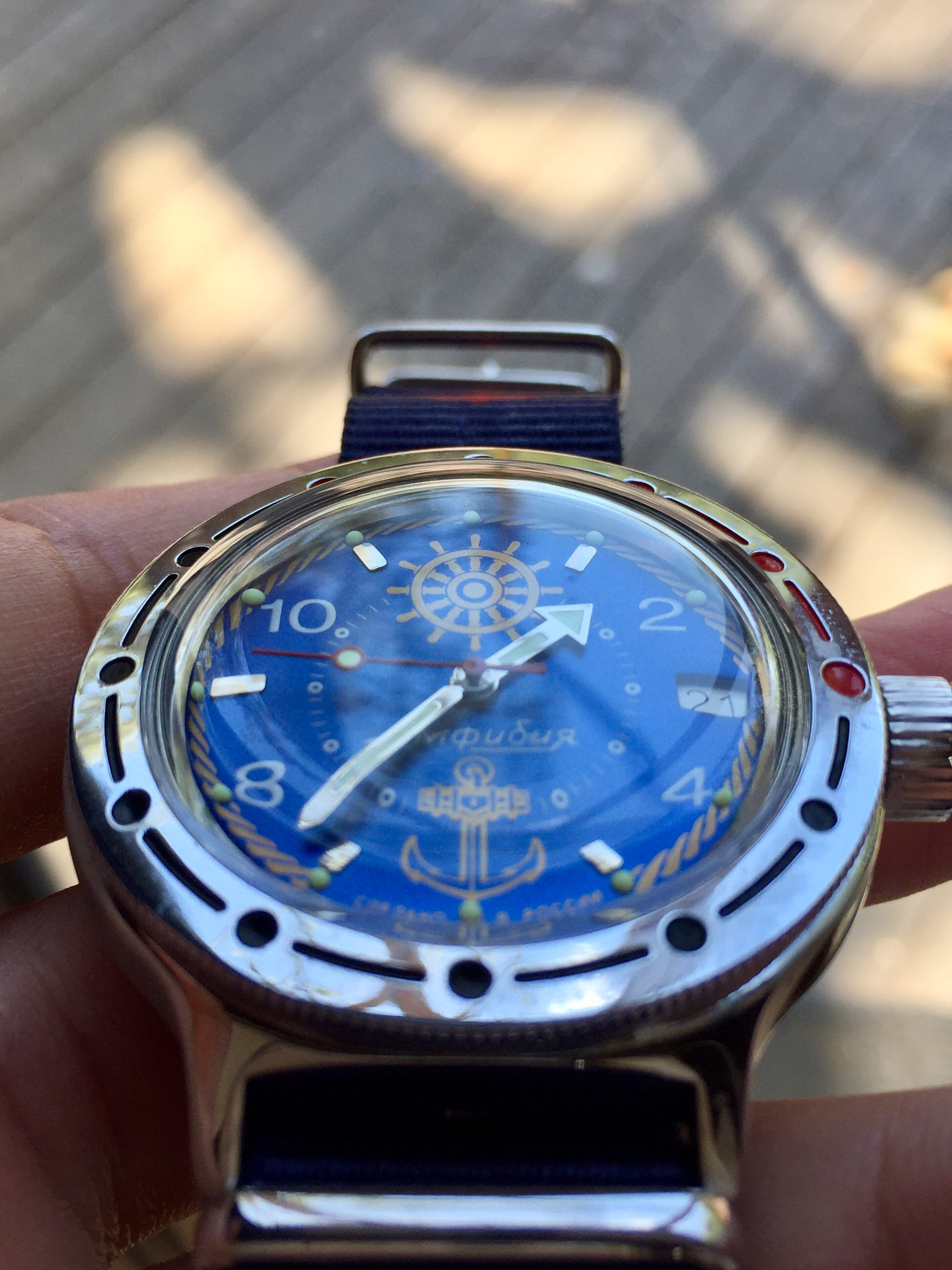 Vostok] Amphibia Blue Zissou w/ blue perlon and brass bezel, my first  automatic! : r/Watches