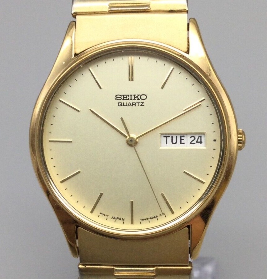 Vintage Seiko Watch Men 34mm Gold Tone Day Date 7N43 8A89 New