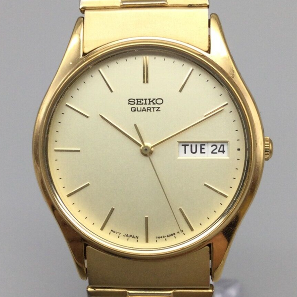 Vintage Seiko Watch Men 34mm Gold Tone Day Date 7N438A89 New Battery 7
