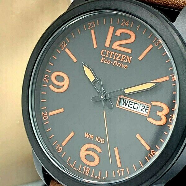 Citizen Eco Drive Men's Black Orange Dial Brown Leather Band Watch ...