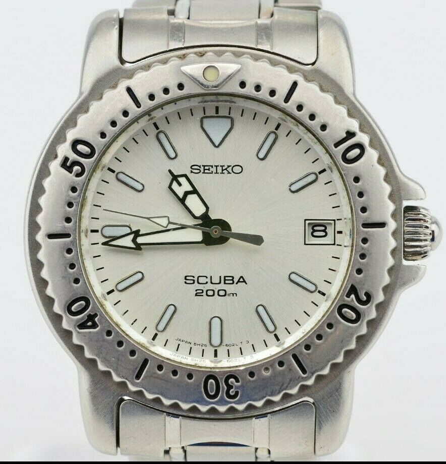 Vintage Seiko Scuba 200 Quartz Silver Date Watch 5H25-6060 JDM