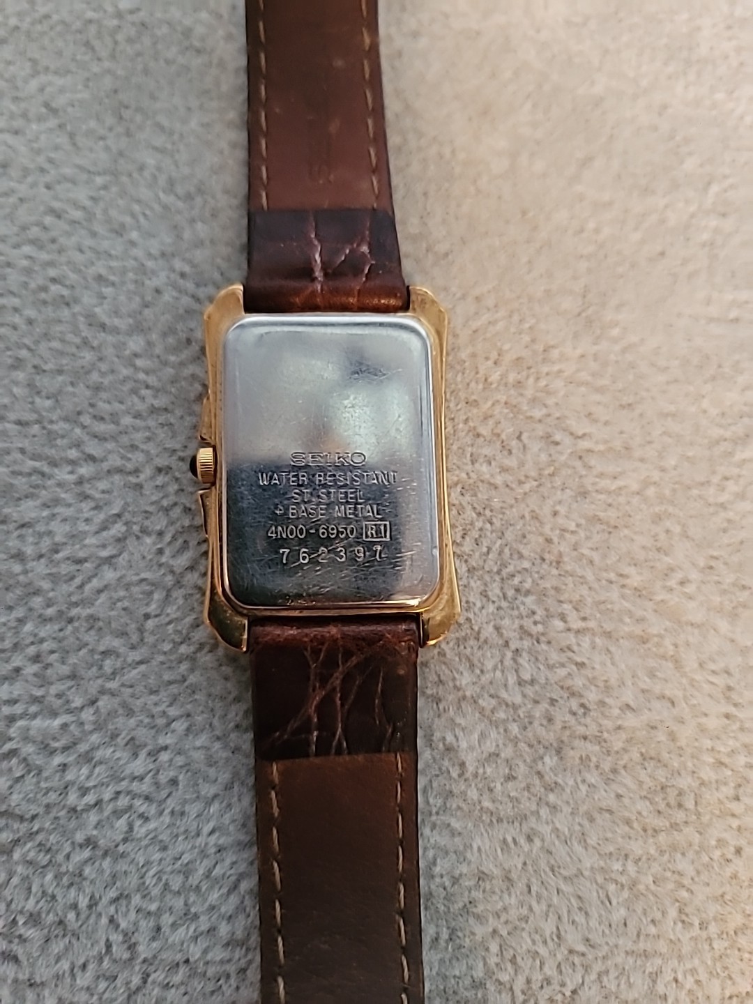 Vintage SEIKO 4N00-6950 Tank Watch Women Silver Tone Leather BAND
