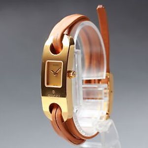 New Battery [Exc+5 ] Gucci 6100L Gold*Brown Qz Women's Bracelet