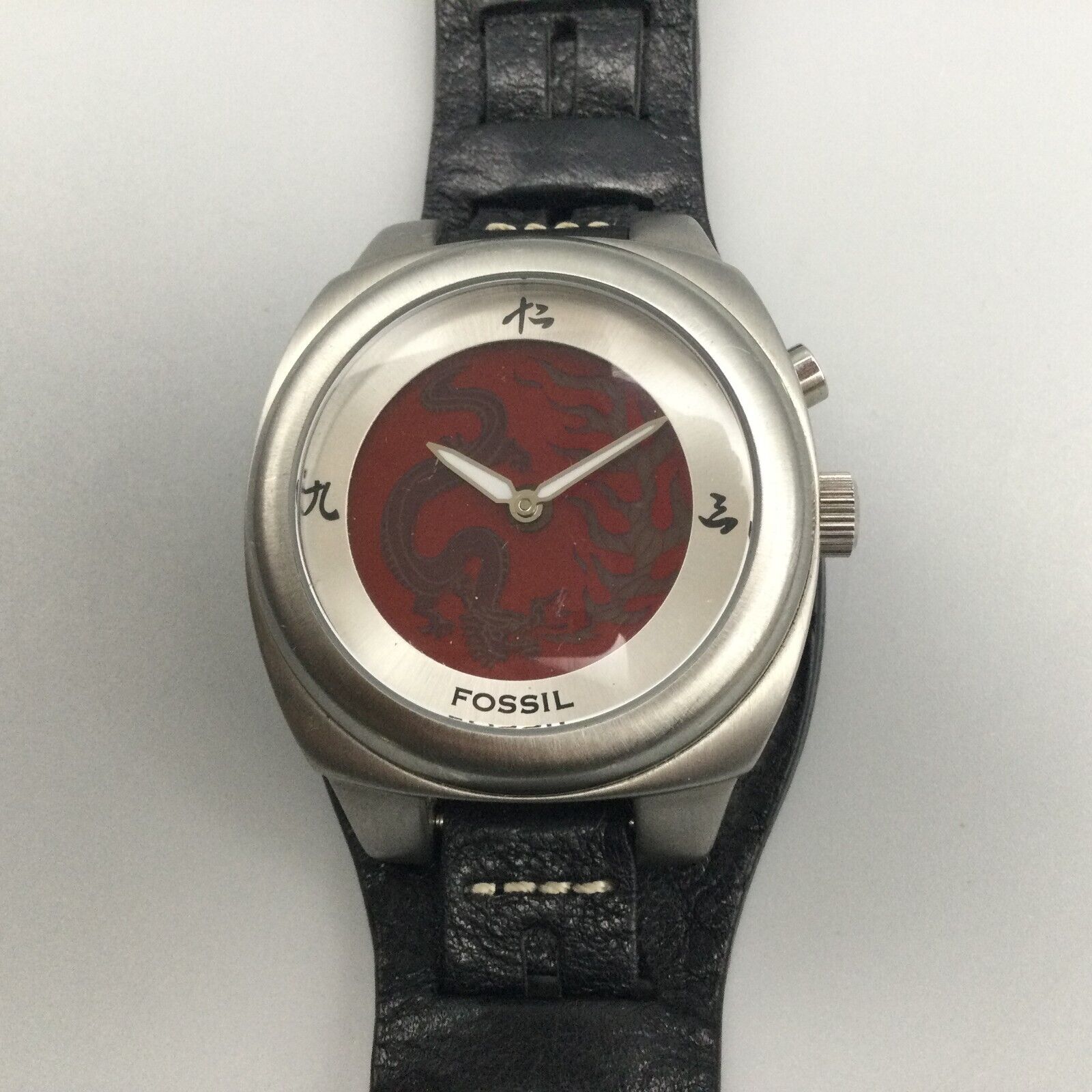 Fossil Big Tic Dragon Watch Mens Silver Tone Black Cuff Kanji  